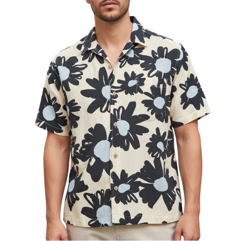Folk Mens XL Gabe Short Sleeve Seersucker Button Down Shirt Cream Navy Blue